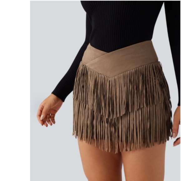 Crossover High Waisted 2-in-1 Fringe Hem Bodycon Mini Suede Party Skirt - Picture 5 of 8